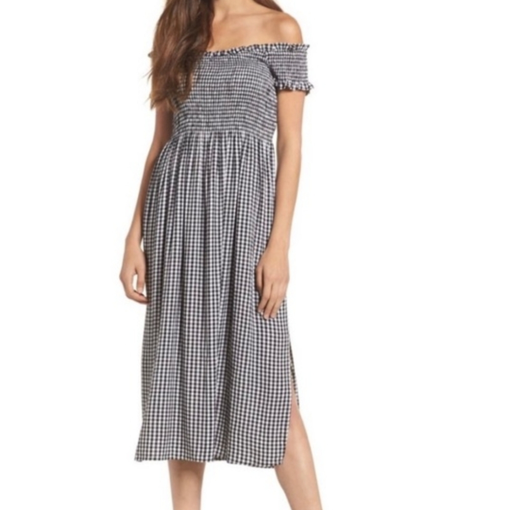 Bardot Black & White Gingham Off-Shoulder Midi Dress